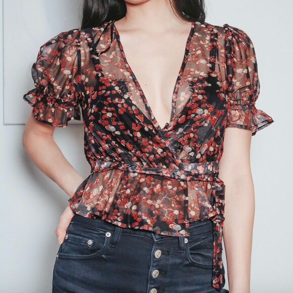 Black Floral Print Sheer Ruffled Wrap Top - Picture 1 of 6